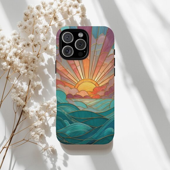 Ocean Sunrise Stained Glass IPhone 16,15,14,13 (Pro Max,Pro,Plus) Phone Case - Picture 1 of 14